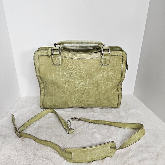 Franklin Covey Green Leather Croc Embossed Messenger Organizer Crossbody Tote - Picture 1 of 16